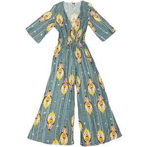 Anthropologie JAASE Floral Wide Leg Jumpsuit XS Boho Bell Sleeve Hippie Flare